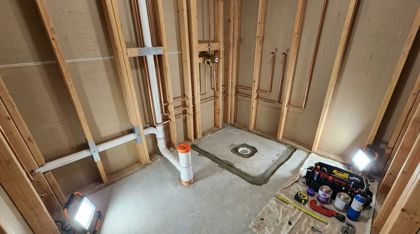 Bathroom rough-in plumbing during remodel by Johns Plumbing LLC in Fruita