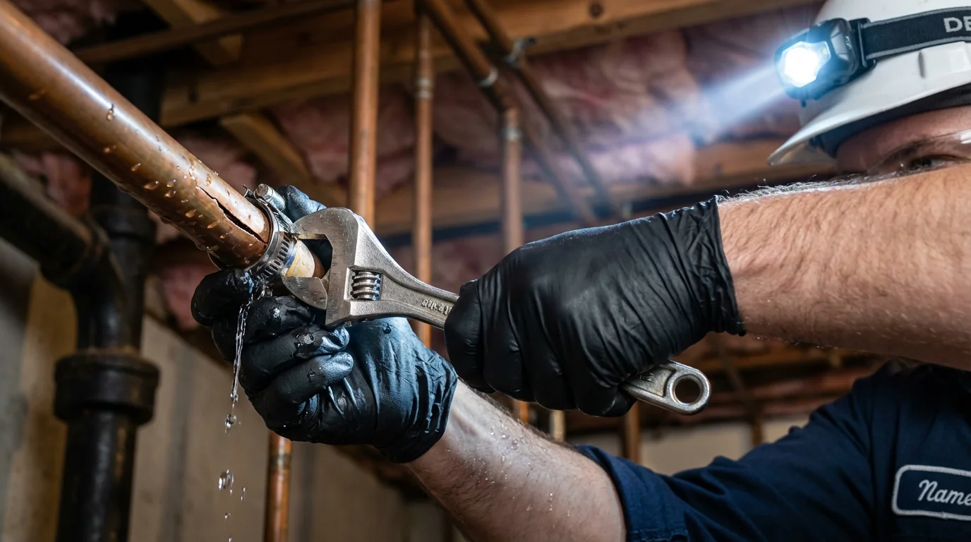 Emergency pipe clamp repair being performed by a Johns Plumbing LLC plumber in Fruita