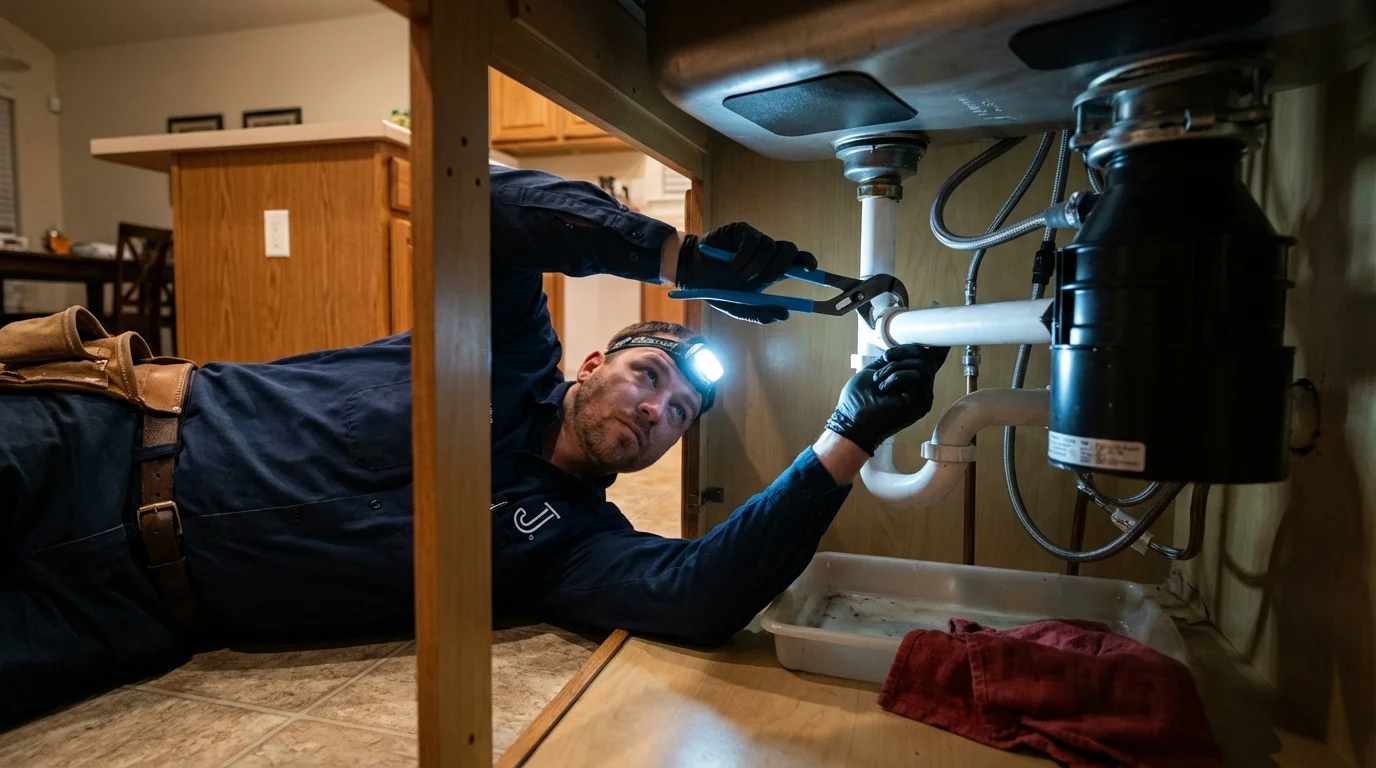 P-trap and supply line connections under a kitchen sink showing a common leak point in Fruita, CO